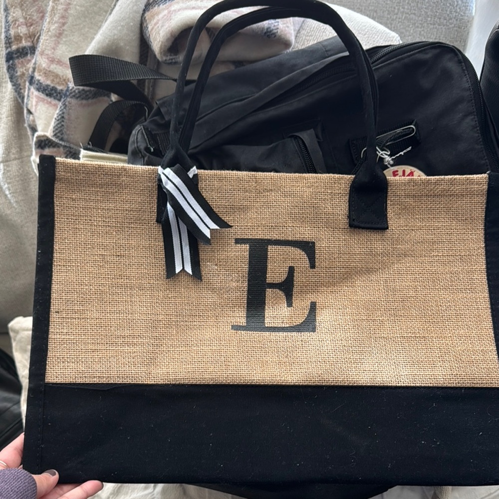 NEW Black and Beige Tote Bag with Initial E